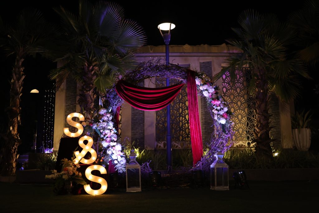 Wedding ceremony setting with floral decor
